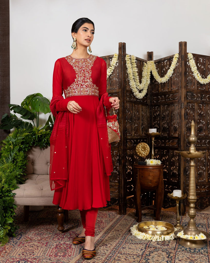 Red Embroidered Anarkali Set frontview