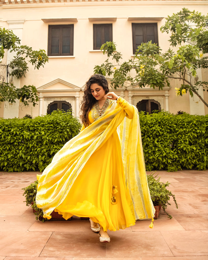 Yellow Embroidered Anarkali Set Closeview